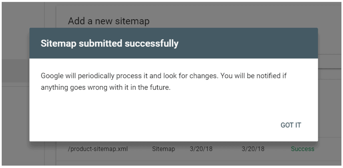 Submit sitemap success