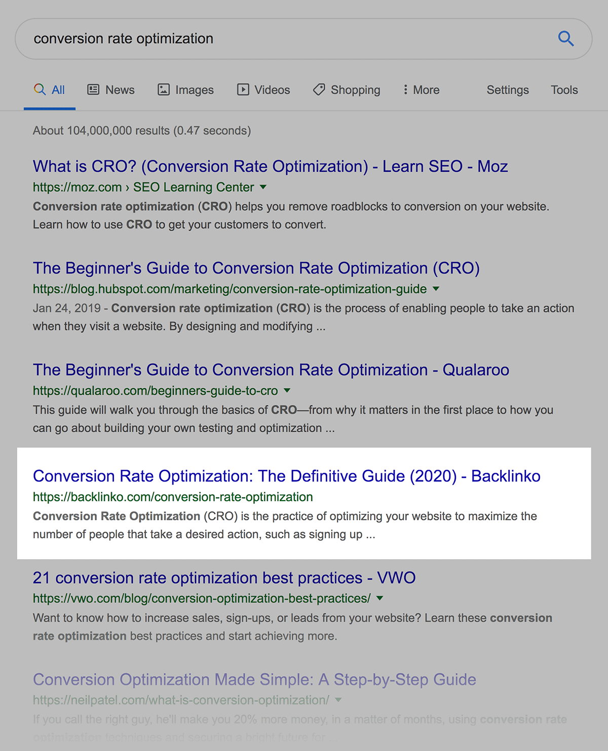 Conversion Rate Optimization Backlinko SERP