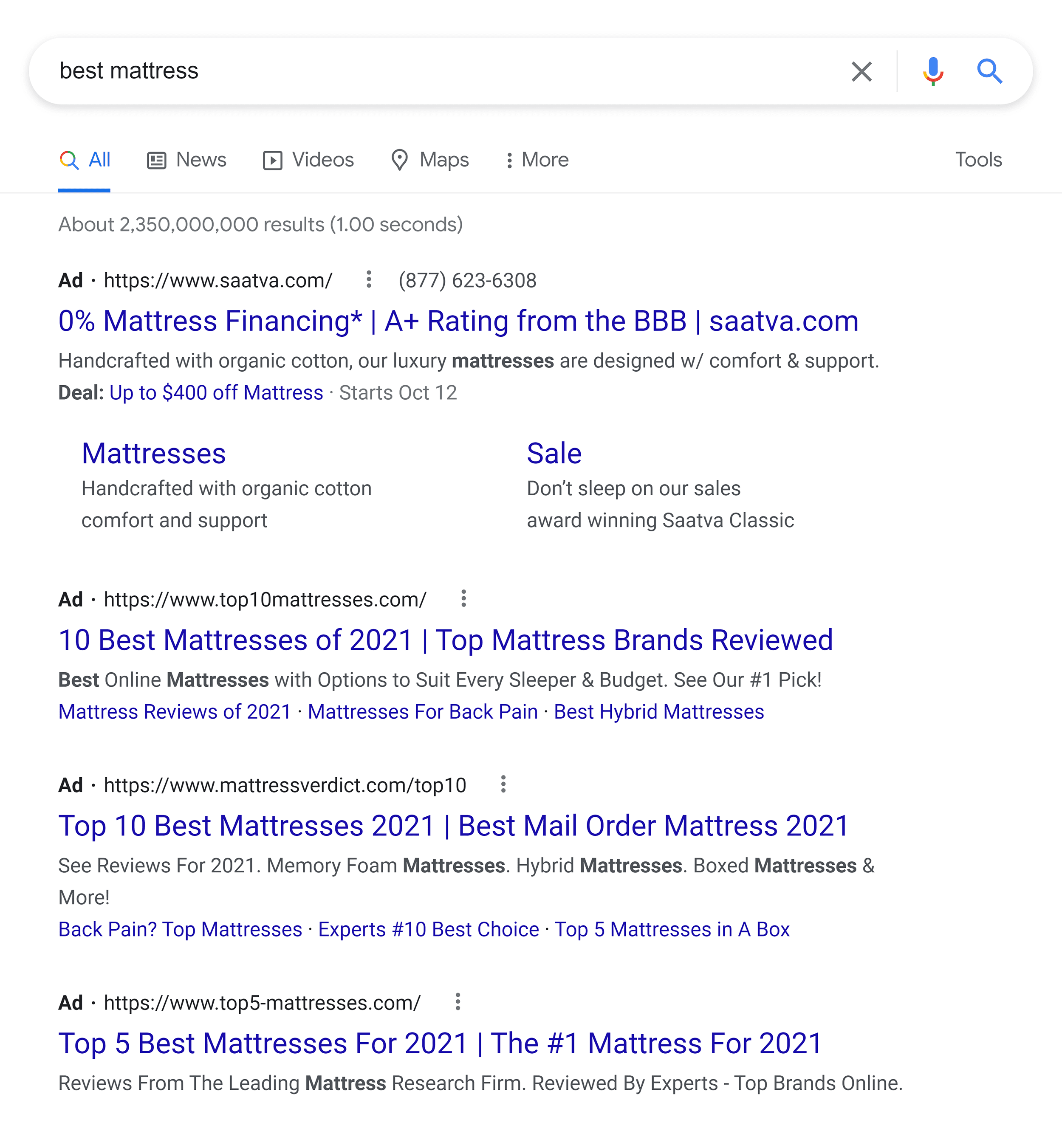 Google SERP – Best mattress – Ads