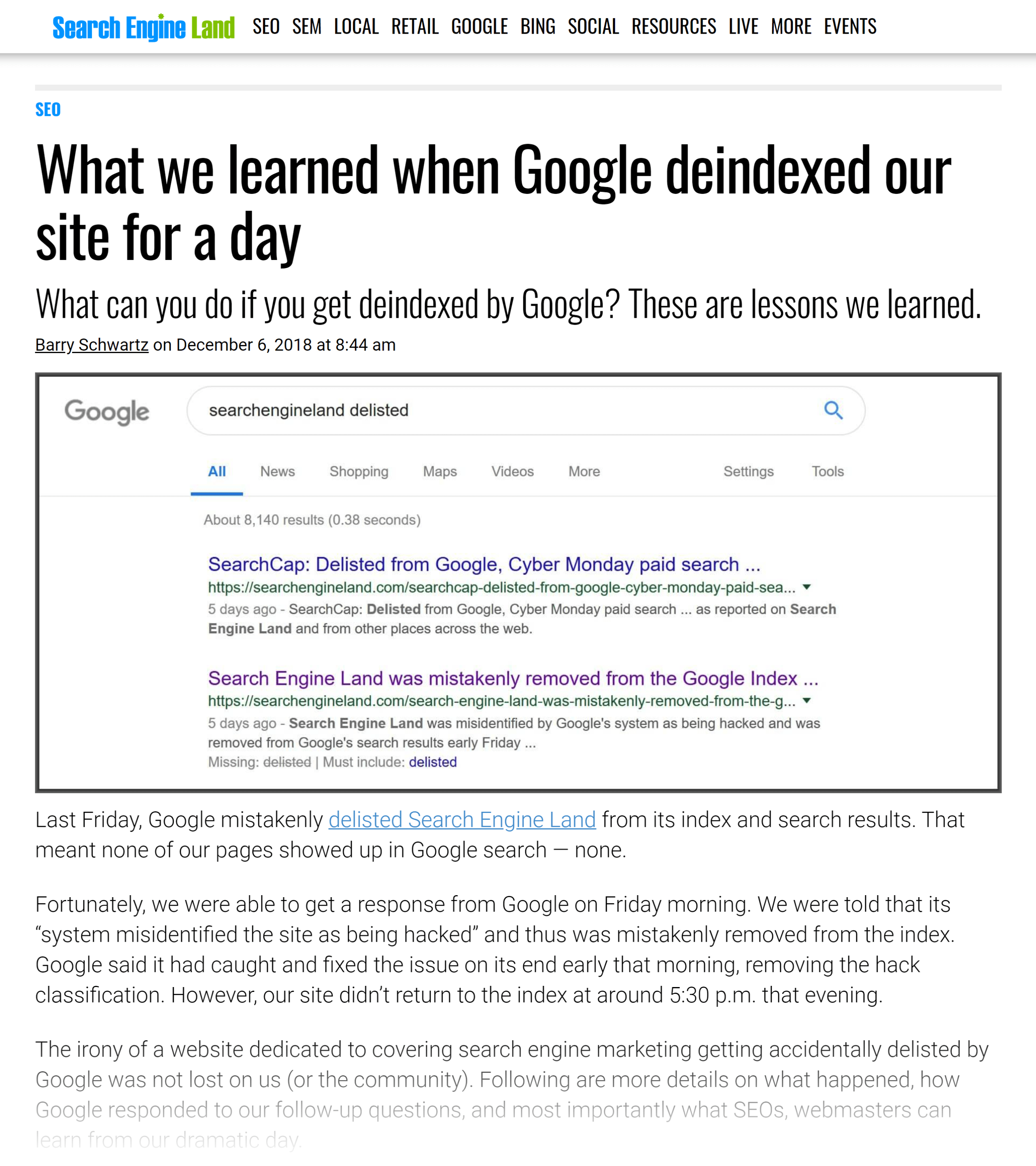 Search Engine Land – What we learned when Google deindexed our site