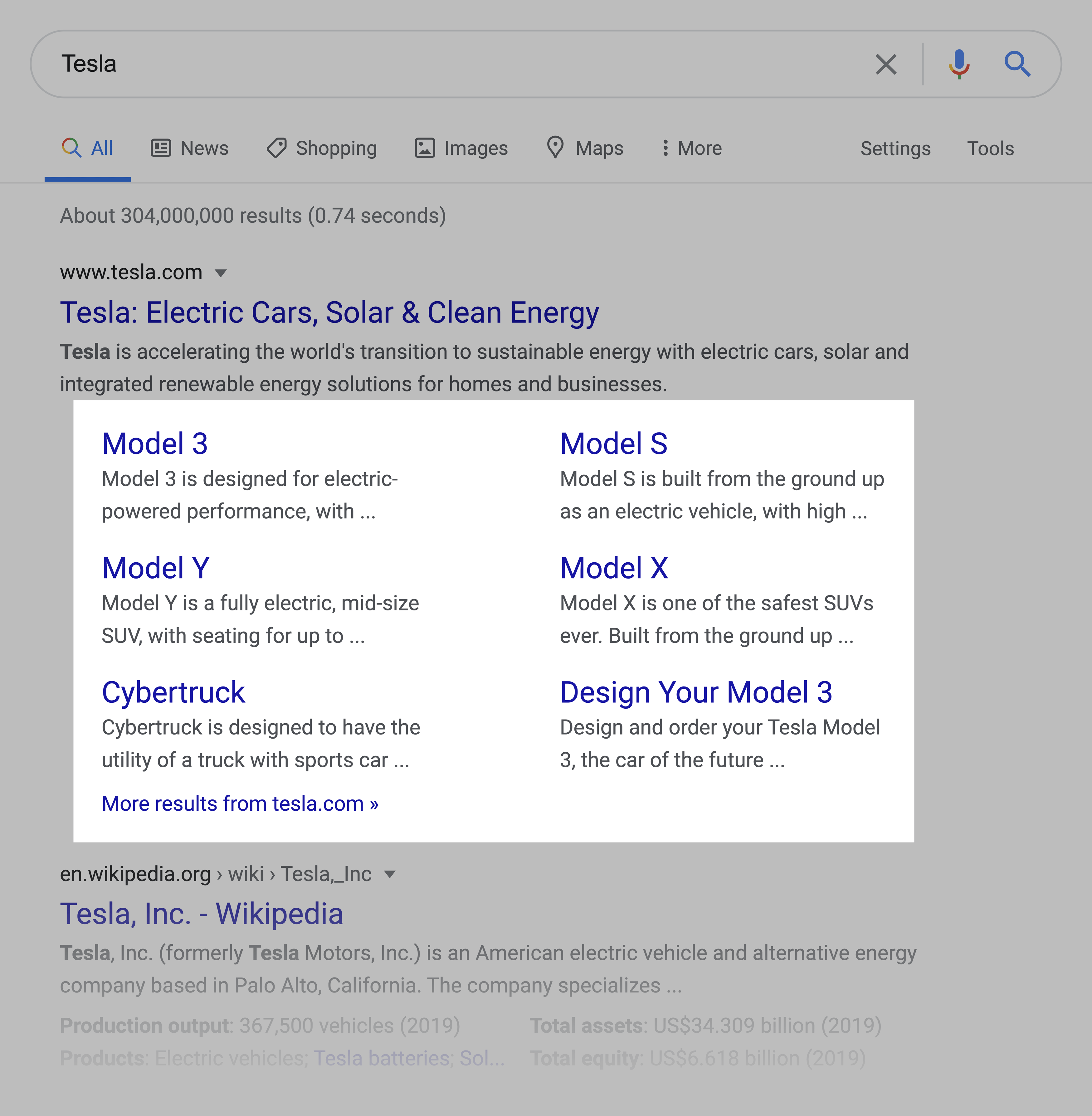 Tesla – SERPs Sitelinks